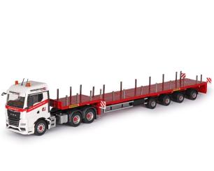 MAN TGX 6x4 with 4axle FAYMONVILLE Telemax Plateau Trailer, red-white 