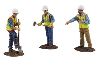 3 Workers (1 with shovel, 1 with sledge hammer and 1 supervisor with clipboard) 