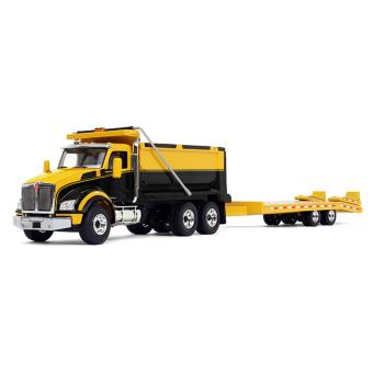 KENWORTH 880 Dumpt Truck with Beavertail Trailer, yellow/black 